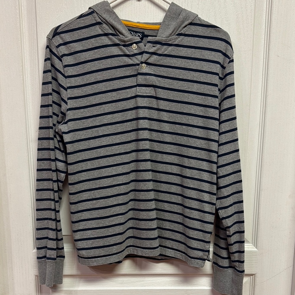 Chaps Gray Hoodie with Navy Stripes and Yellow Trim